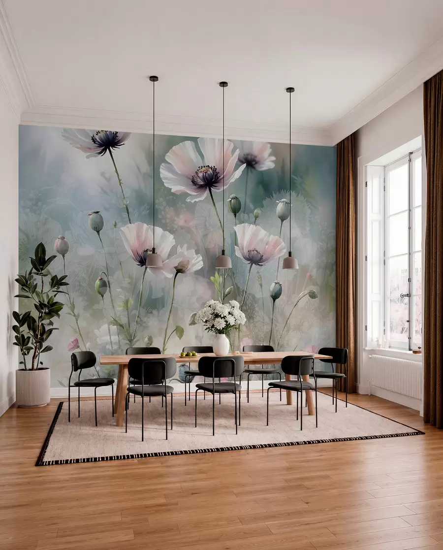 wall murals Нежни ружичасти и љубичасти мак са зеленим стабљикама и пупољцима на мекој, замућеној текстурираној позадини w08585