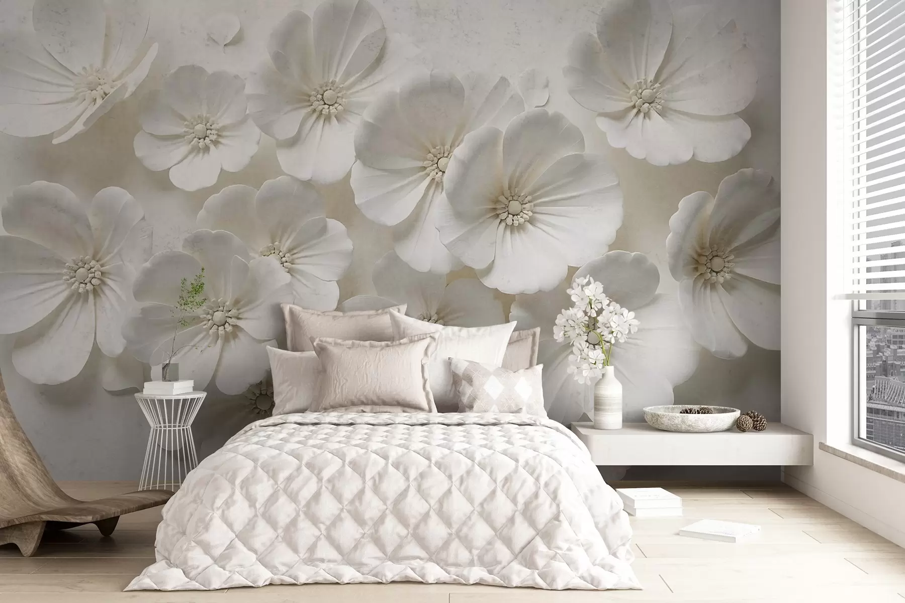 wall murals Бели цветови са деликатним латицама и центрима на светлој позадини w08587
