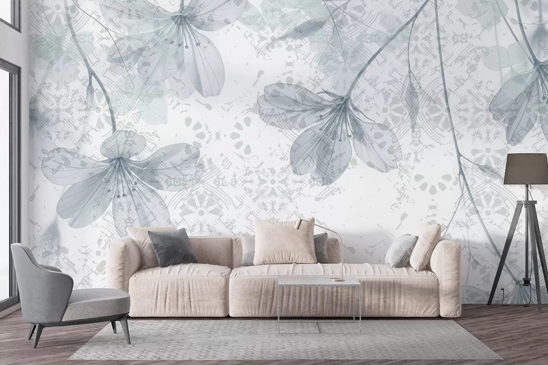 wall murals Деликатно плаво и бело цвеће са дугим стабљикама и латицама на мекој, замућеној текстурној позадини w08588