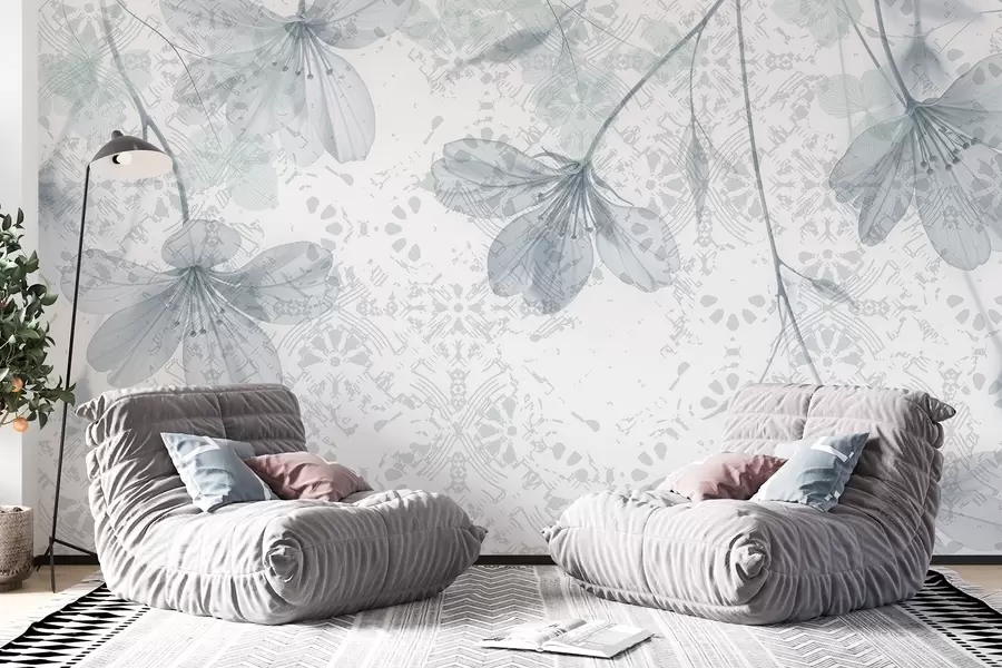 wall murals Деликатно плаво и бело цвеће са дугим стабљикама и латицама на мекој, замућеној текстурној позадини w08588