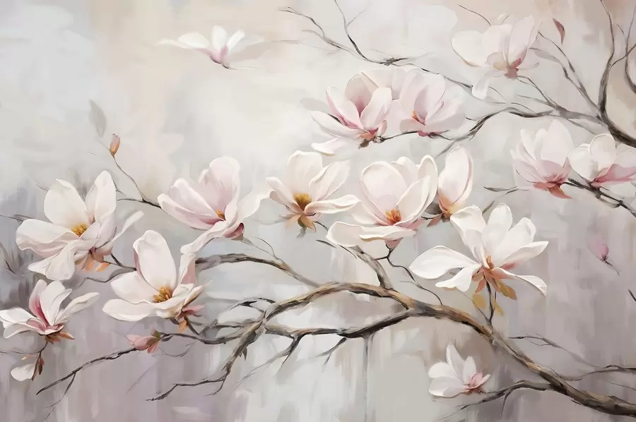 wall murals Нежни ружичасти цветови магнолије цветају на голим гранама дрвећа на мекој, магловитој позадини w08589