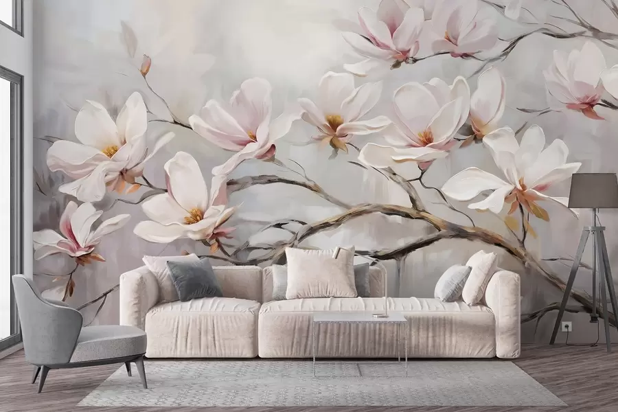 wall murals Нежни ружичасти цветови магнолије цветају на голим гранама дрвећа на мекој, магловитој позадини w08589
