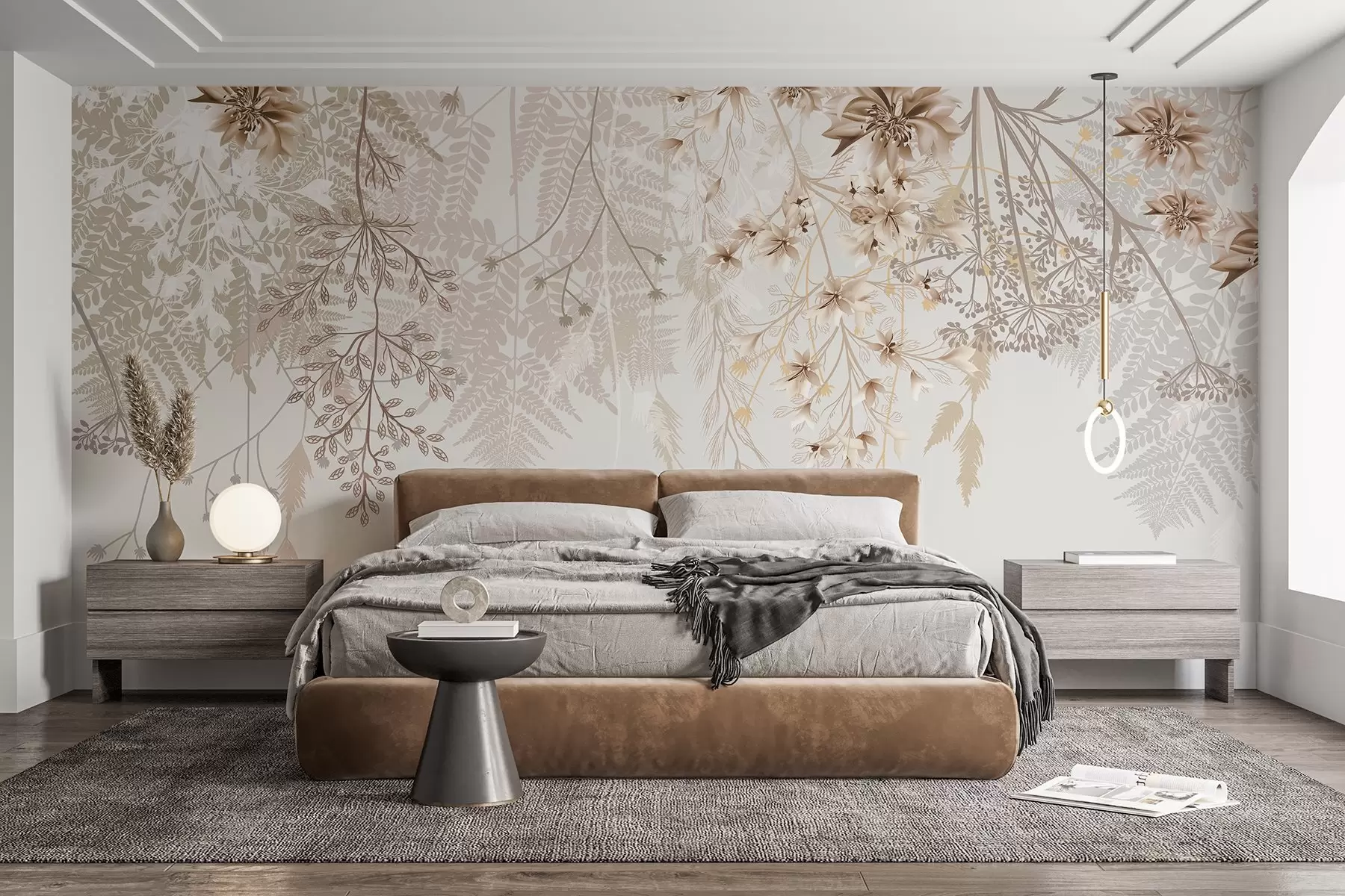 wall murals Нежне цветне гране и трава са белим, сивим и беж цветовима који се спуштају низ светлу позадину w08598