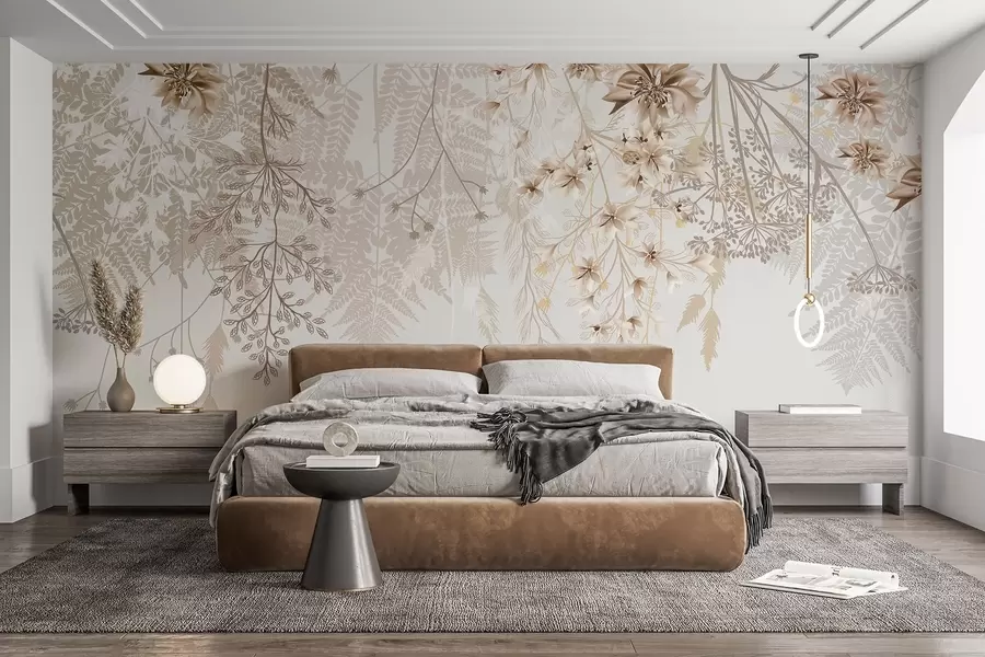 wall murals Нежне цветне гране и трава са белим, сивим и беж цветовима који се спуштају низ светлу позадину w08598