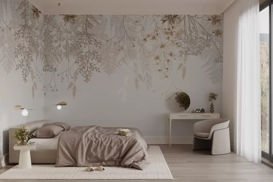 wall murals Нежне цветне гране и трава са белим, сивим и беж цветовима који се спуштају низ светлу позадину w08598