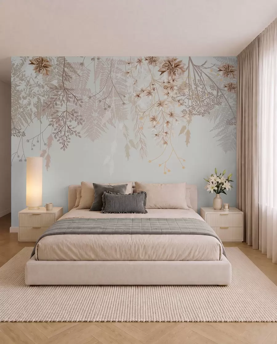 wall murals Нежне цветне гране и трава са белим, сивим и беж цветовима који се спуштају низ светлу позадину w08598