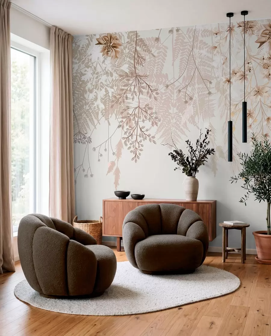 wall murals Нежне цветне гране и трава са белим, сивим и беж цветовима који се спуштају низ светлу позадину w08598