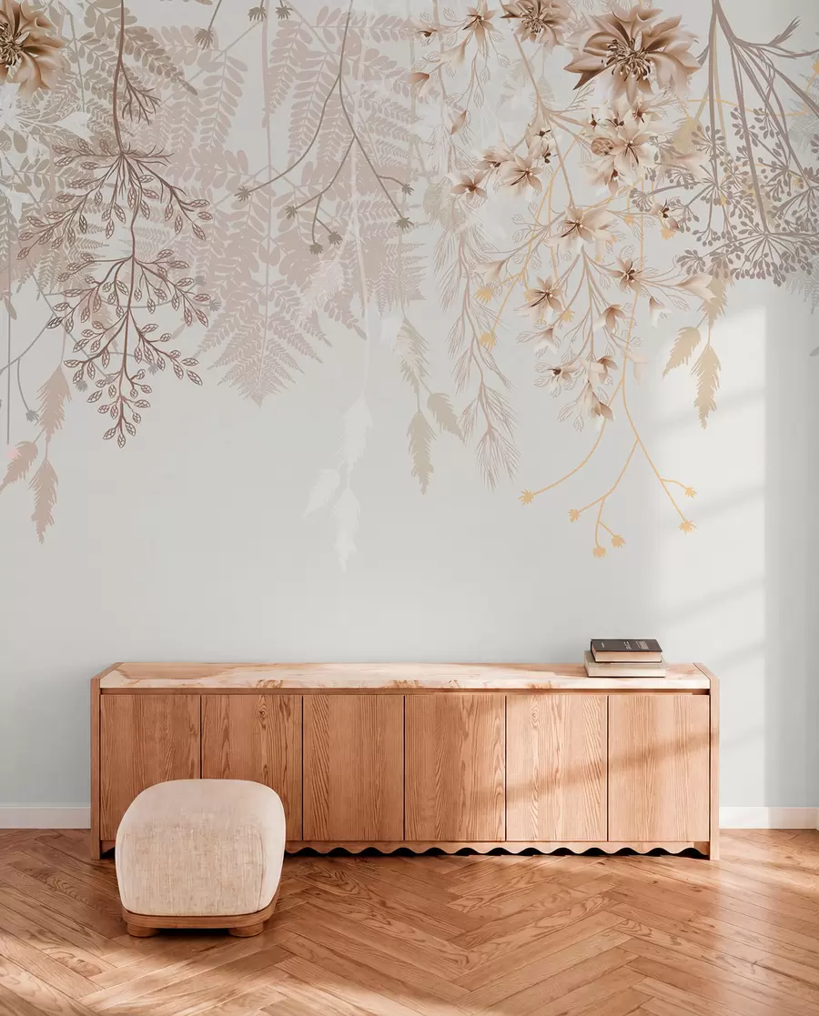 wall murals Нежне цветне гране и трава са белим, сивим и беж цветовима који се спуштају низ светлу позадину w08598
