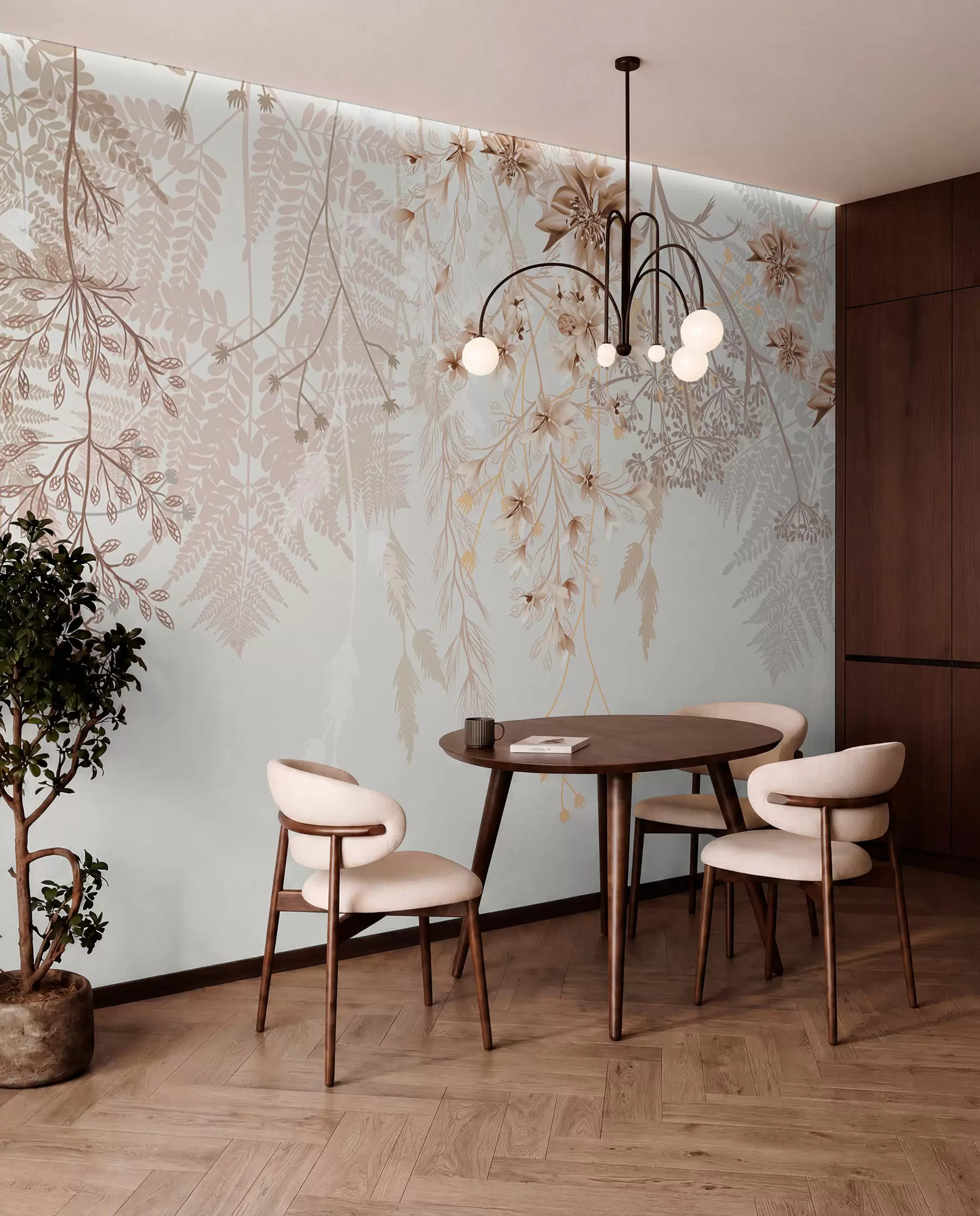 wall murals Нежне цветне гране и трава са белим, сивим и беж цветовима који се спуштају низ светлу позадину w08598