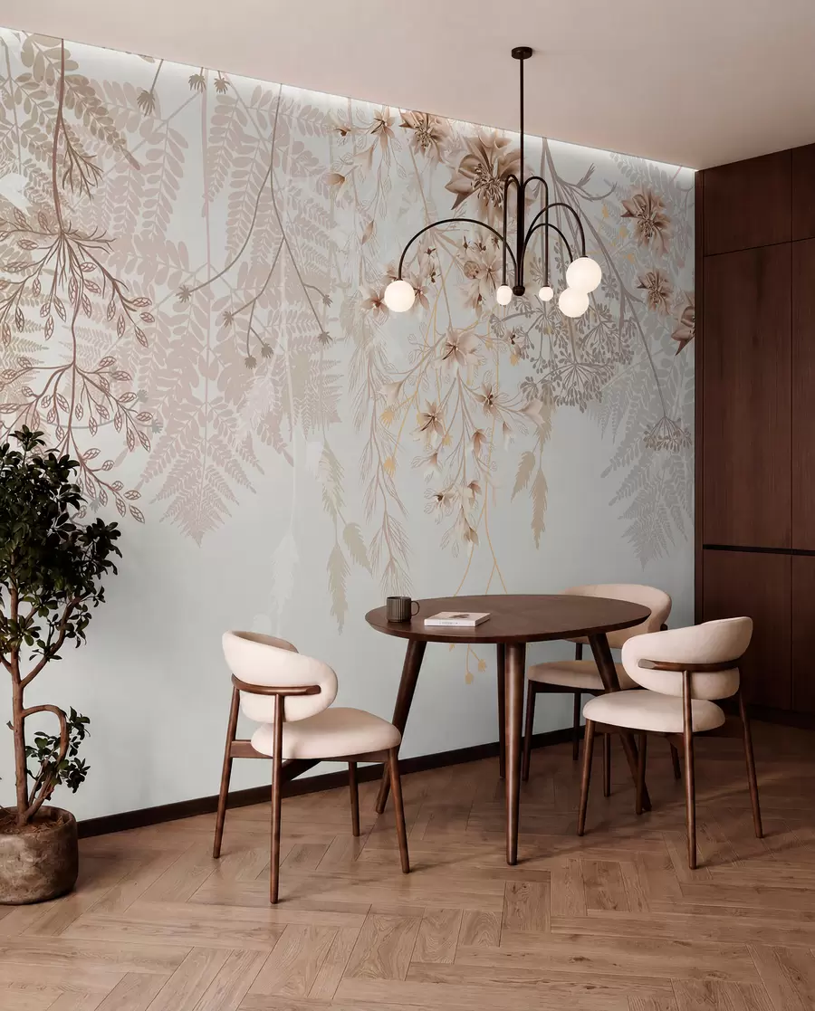 wall murals Нежне цветне гране и трава са белим, сивим и беж цветовима који се спуштају низ светлу позадину w08598