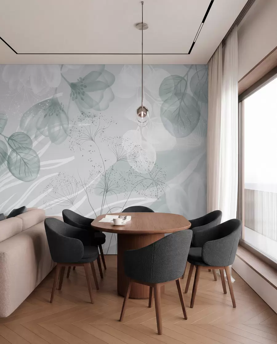 wall murals Цвјетни елементи еукалиптуса у нијансама плаве и бијеле са преклапајућим листовима и латицама у минималистичком стилу w08599