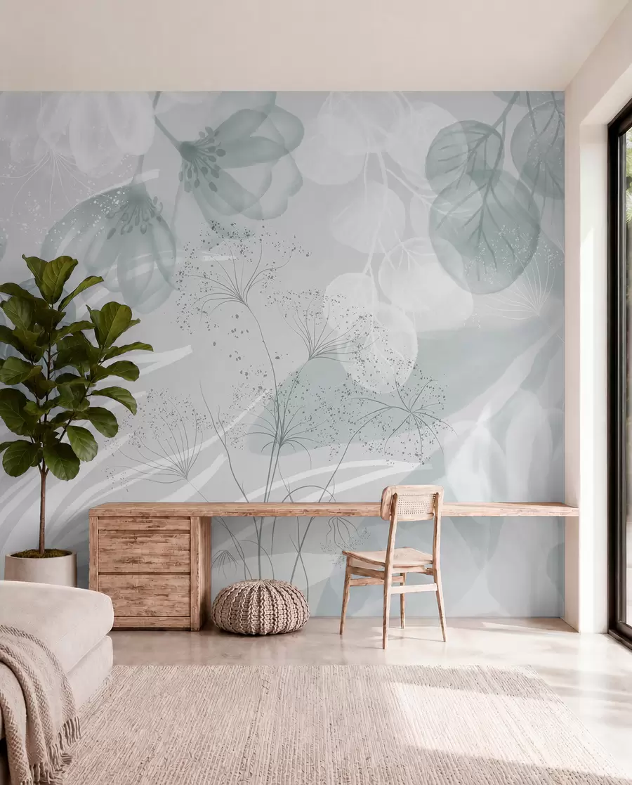 wall murals Цвјетни елементи еукалиптуса у нијансама плаве и бијеле са преклапајућим листовима и латицама у минималистичком стилу w08599