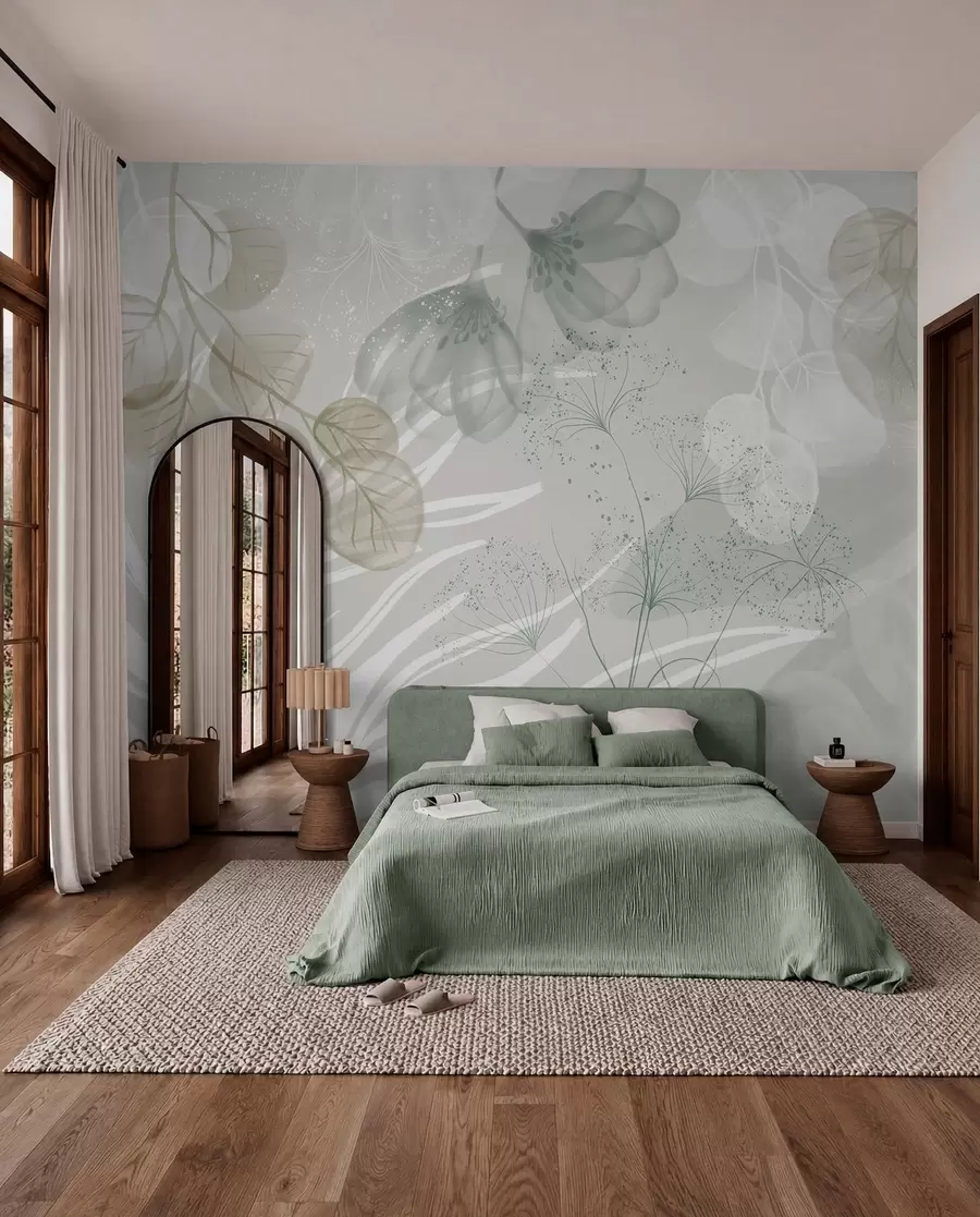 wall murals Цветни елементи еукалиптуса у нијансама зелене и беле са преклапајућим листовима и латицама у минималистичком стилу w08599v1