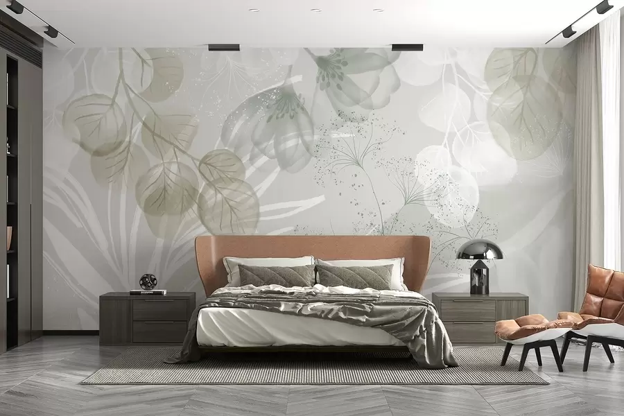 wall murals Цветни елементи еукалиптуса у нијансама зелене и беле са преклапајућим листовима и латицама у минималистичком стилу w08599v1