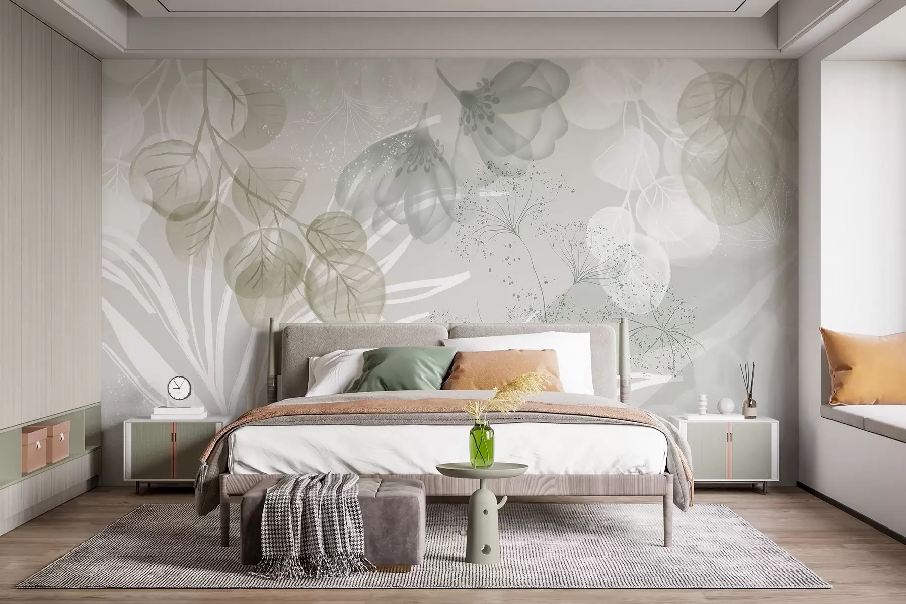 wall murals Цветни елементи еукалиптуса у нијансама зелене и беле са преклапајућим листовима и латицама у минималистичком стилу w08599v1