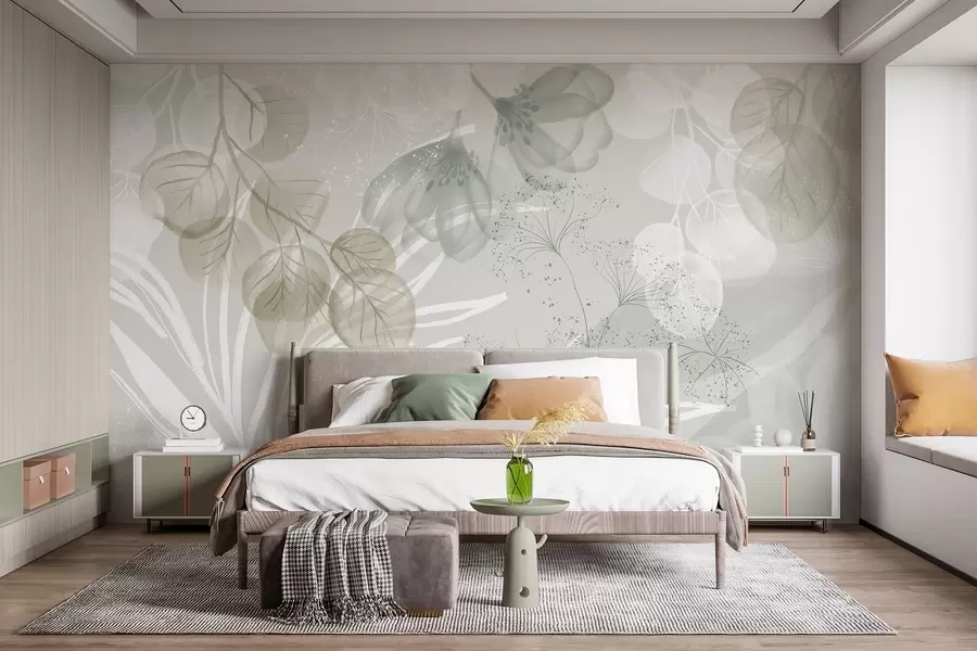 wall murals Цветни елементи еукалиптуса у нијансама зелене и беле са преклапајућим листовима и латицама у минималистичком стилу w08599v1