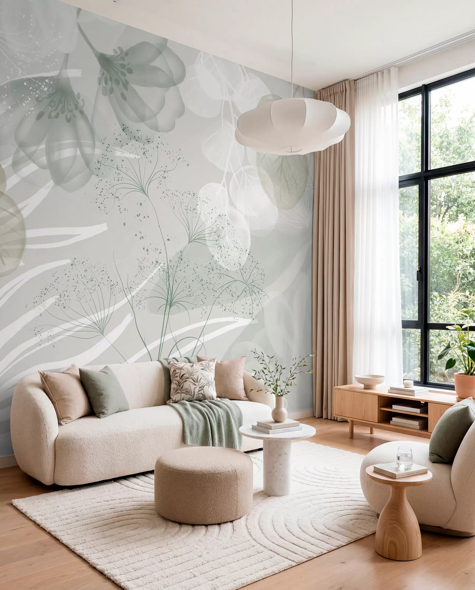wall murals Цветни елементи еукалиптуса у нијансама зелене и беле са преклапајућим листовима и латицама у минималистичком стилу w08599v1
