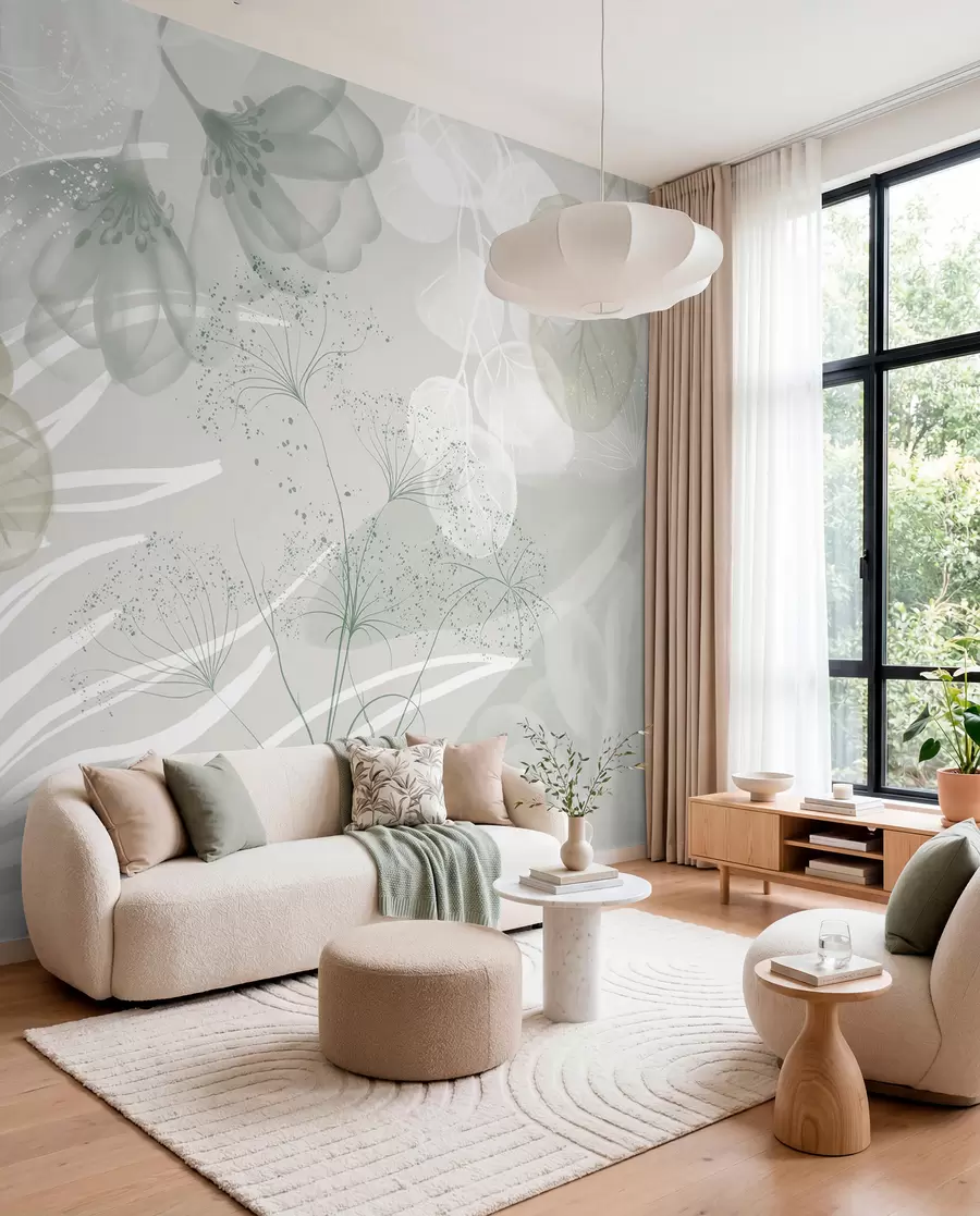 wall murals Цветни елементи еукалиптуса у нијансама зелене и беле са преклапајућим листовима и латицама у минималистичком стилу w08599v1