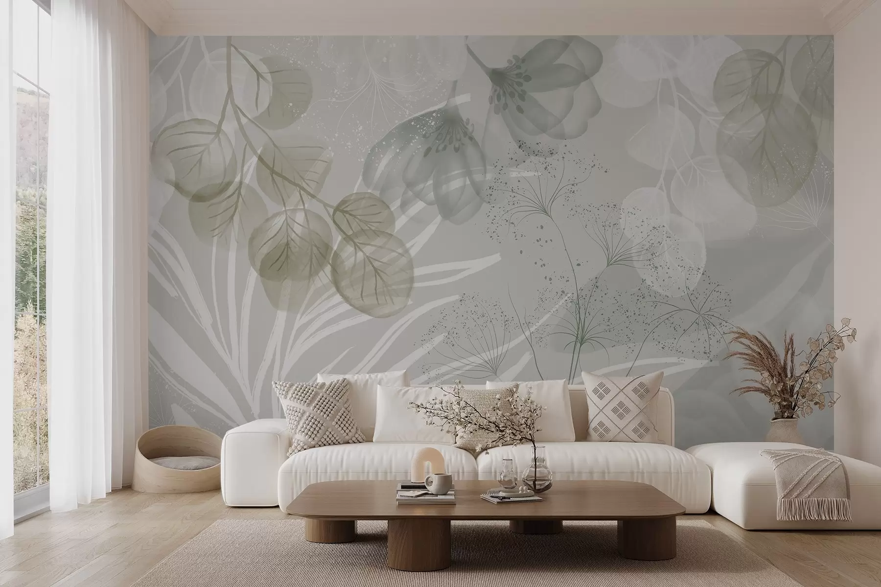 wall murals Цветни елементи еукалиптуса у нијансама зелене и беле са преклапајућим листовима и латицама у минималистичком стилу w08599v1