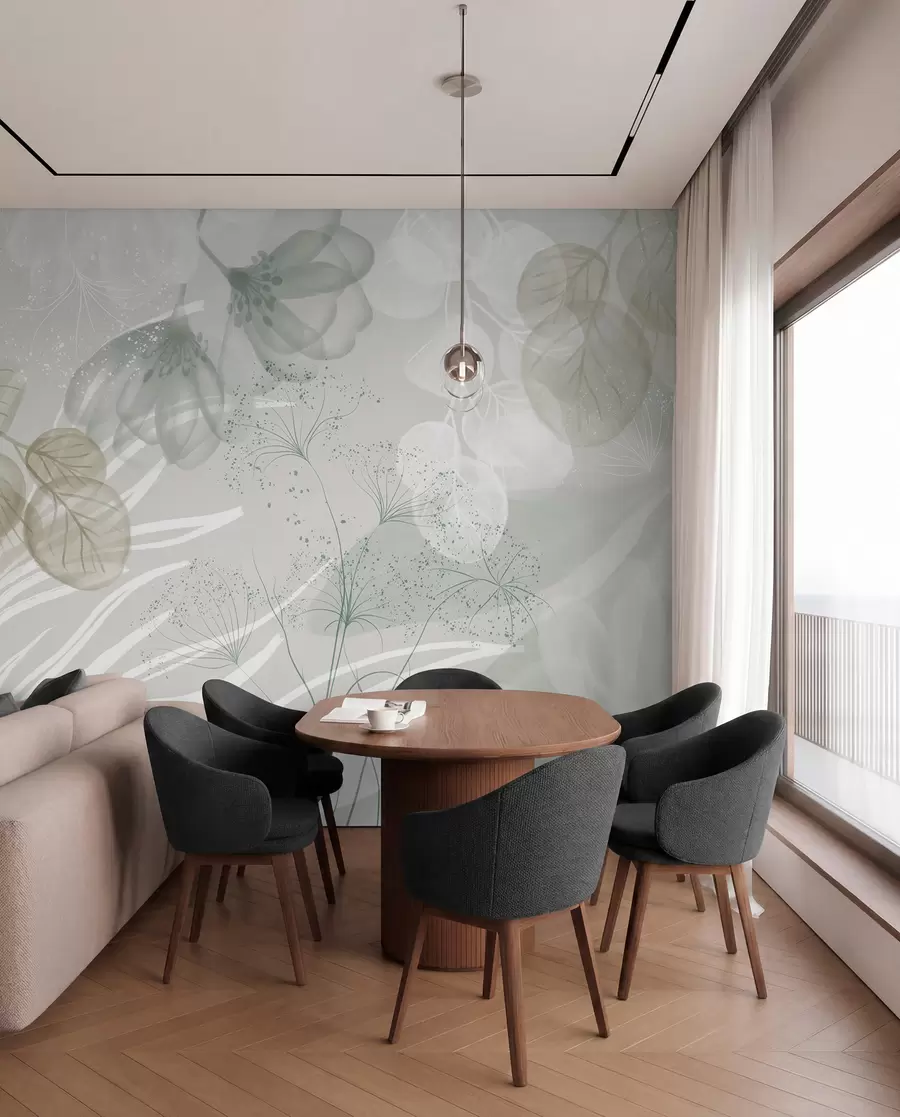 wall murals Цветни елементи еукалиптуса у нијансама зелене и беле са преклапајућим листовима и латицама у минималистичком стилу w08599v1