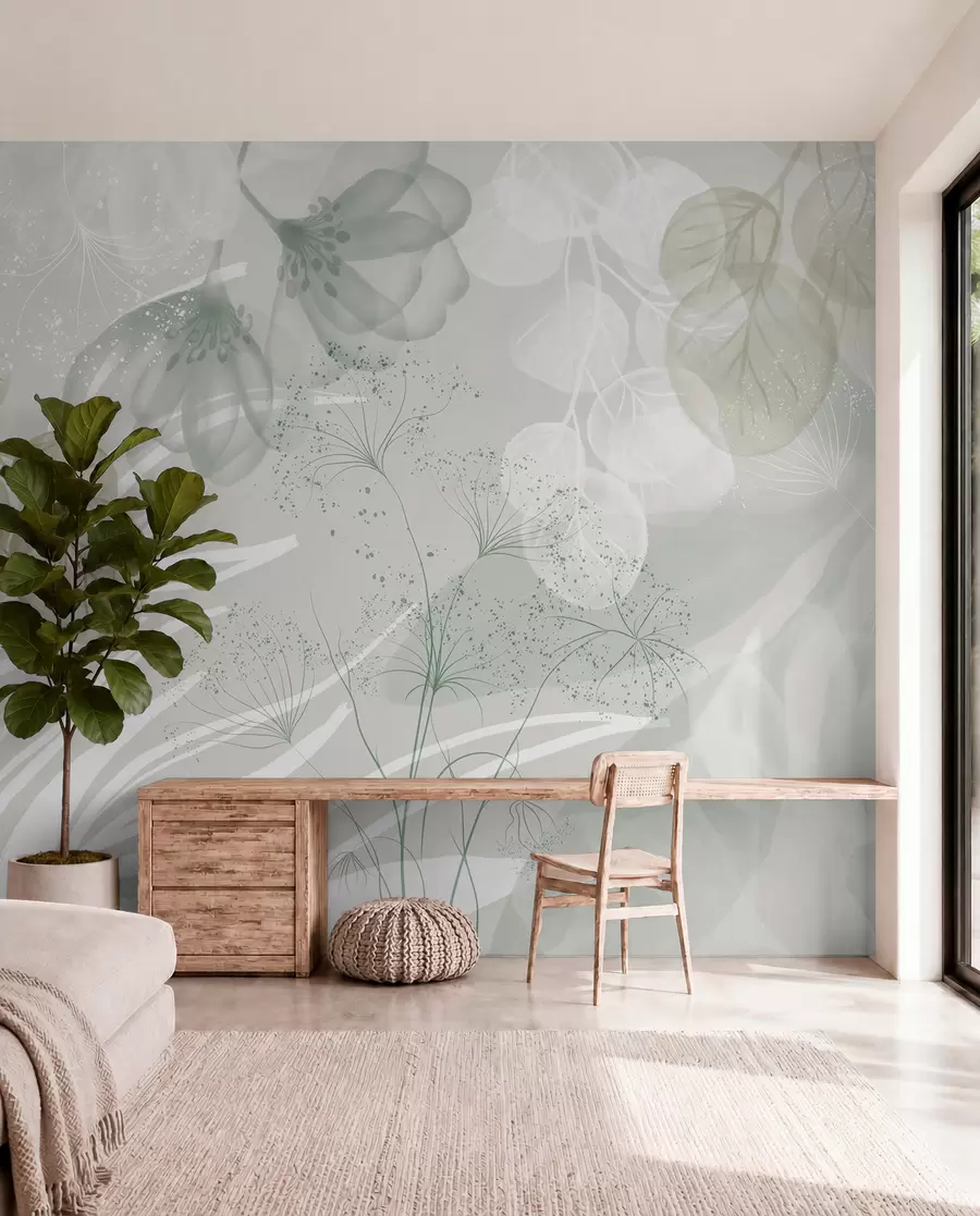 wall murals Цветни елементи еукалиптуса у нијансама зелене и беле са преклапајућим листовима и латицама у минималистичком стилу w08599v1