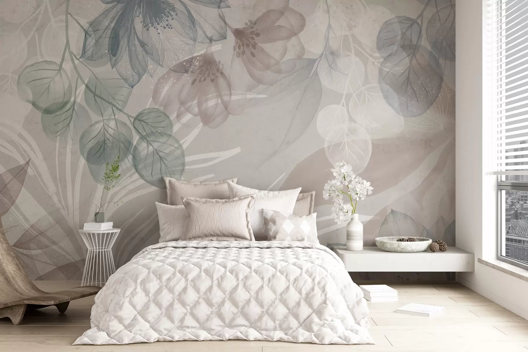 wall murals Цветни принт пастелних боја са провидним великим апстрактним цветовима и листовима у нијансама сиве, розе и зелене w08600