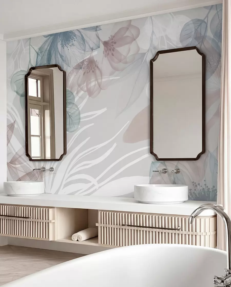 wall murals Цветни принт пастелних боја са провидним великим апстрактним цветовима и листовима у нијансама сиве, розе и зелене w08600