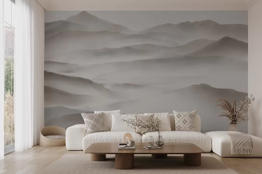 wall murals Минималистички планински пејзаж са валовитим брдима и маглом, стварајући спокојан и атмосферски отисак w08602
