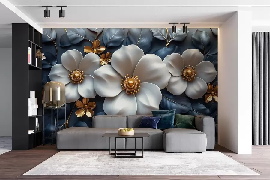 wall murals Велики бели цветови на елегантној плавој позадини са листовима w08559