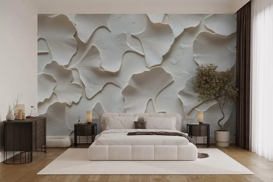 wall murals Штукатура са деликатним утискивањем листова гинка на белој позадини w08560v1