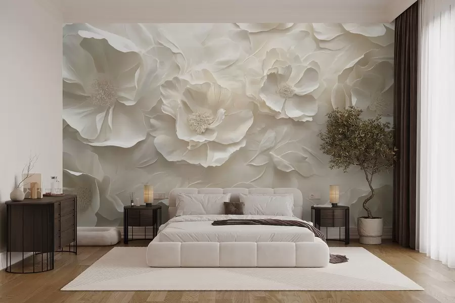 wall murals Ваздушно цвеће у топлим тоновима на позадини потеза листова w08562
