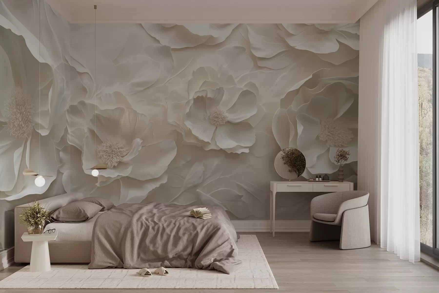 wall murals Ваздушно цвеће у топлим тоновима на позадини потеза листова w08562