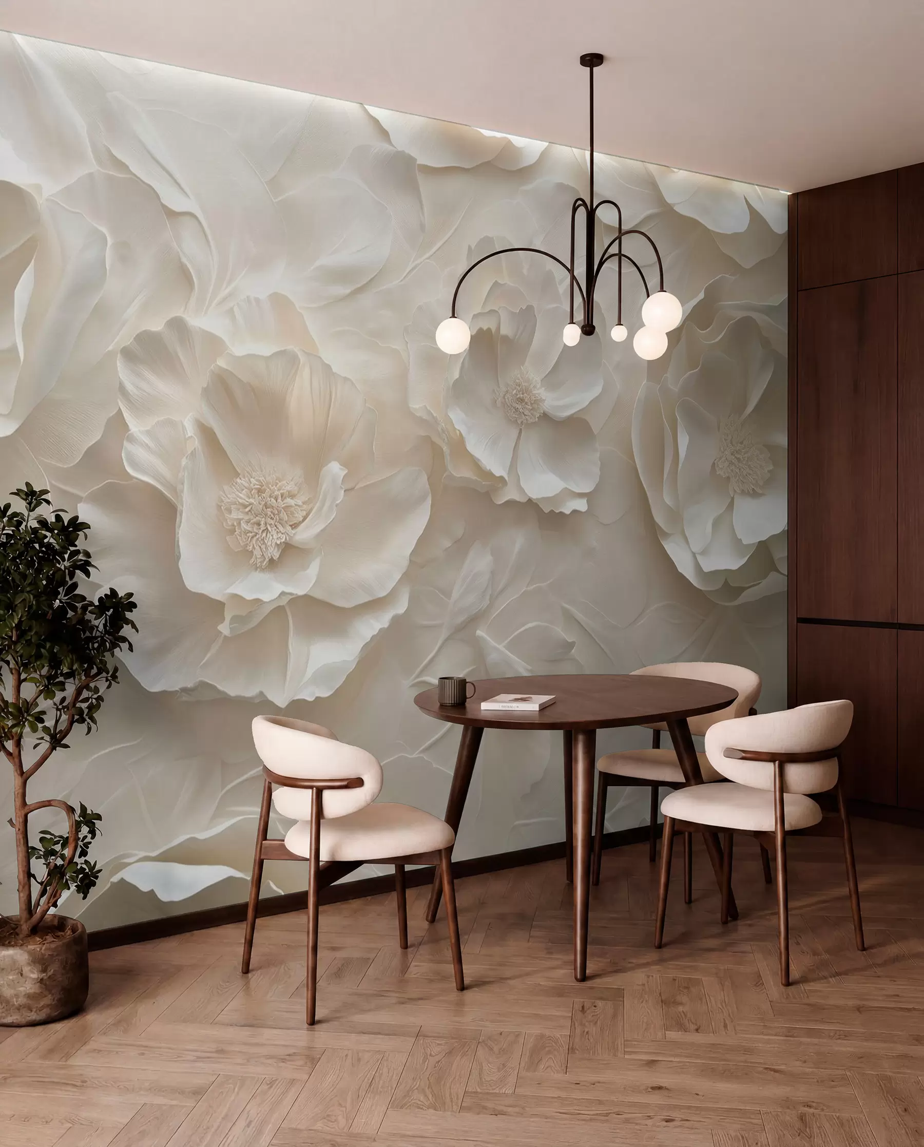 wall murals Ваздушно цвеће у топлим тоновима на позадини потеза листова w08562