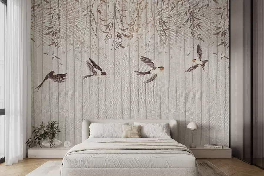 wall murals Птице које лете на текстурираној позадини са маслачцима и цвећем w08566