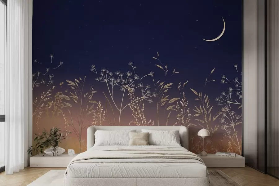 wall murals Маслачак са дивљим цвећем на позадини заласка сунца са плавим небом и месецом w08567
