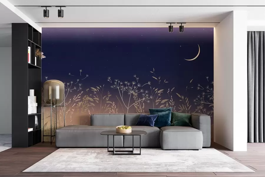 wall murals Маслачак са дивљим цвећем на позадини заласка сунца са плавим небом и месецом w08567