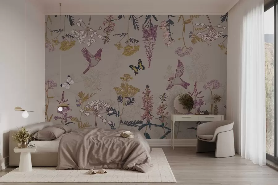 wall murals ансамбл пољског цвећа и птица на беж позадини w02634