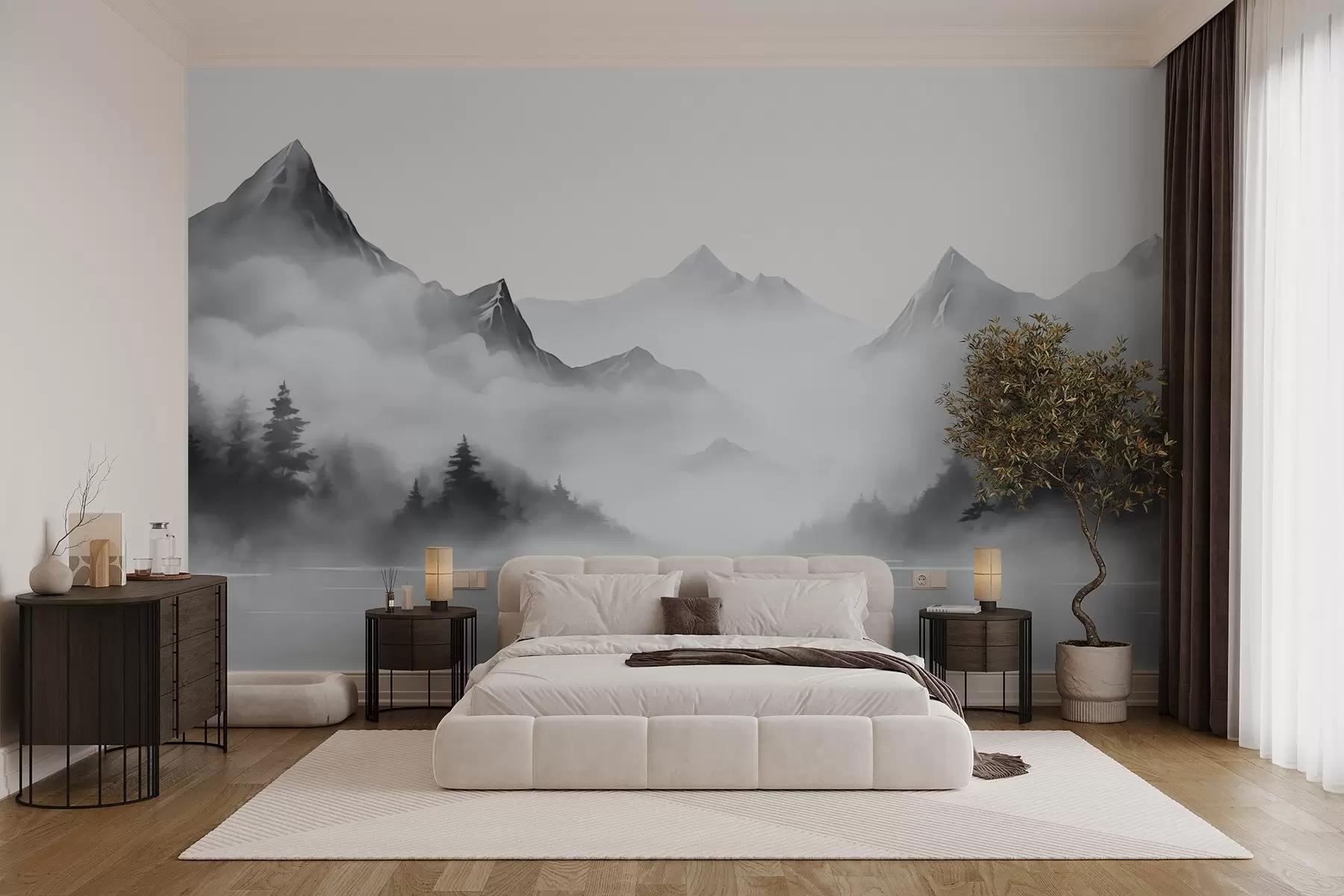 wall murals Силуете планина и шума имитирају замагљени акварел w02706