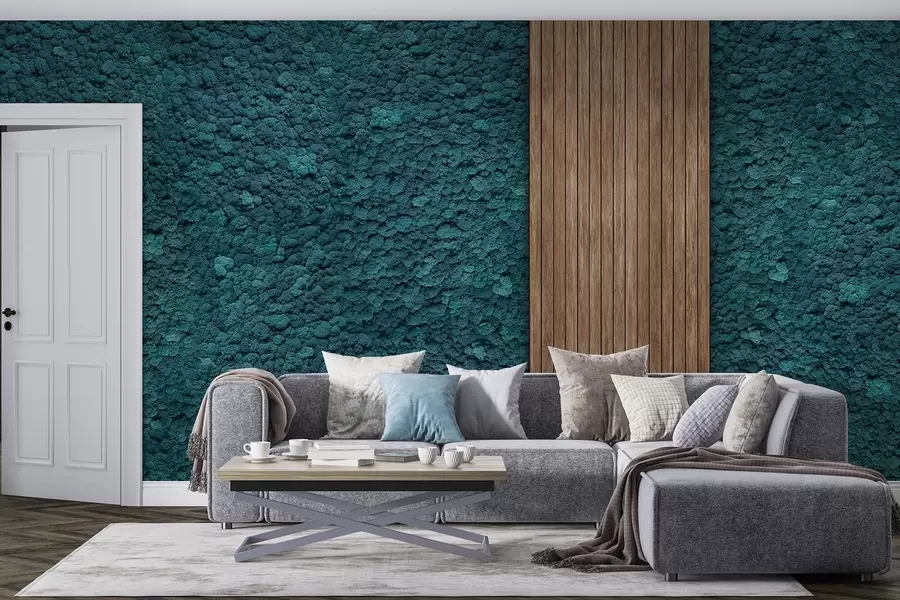 wall murals Зид у стилу маховине са дрвеним панелом, бујне плаве боје w02656v2