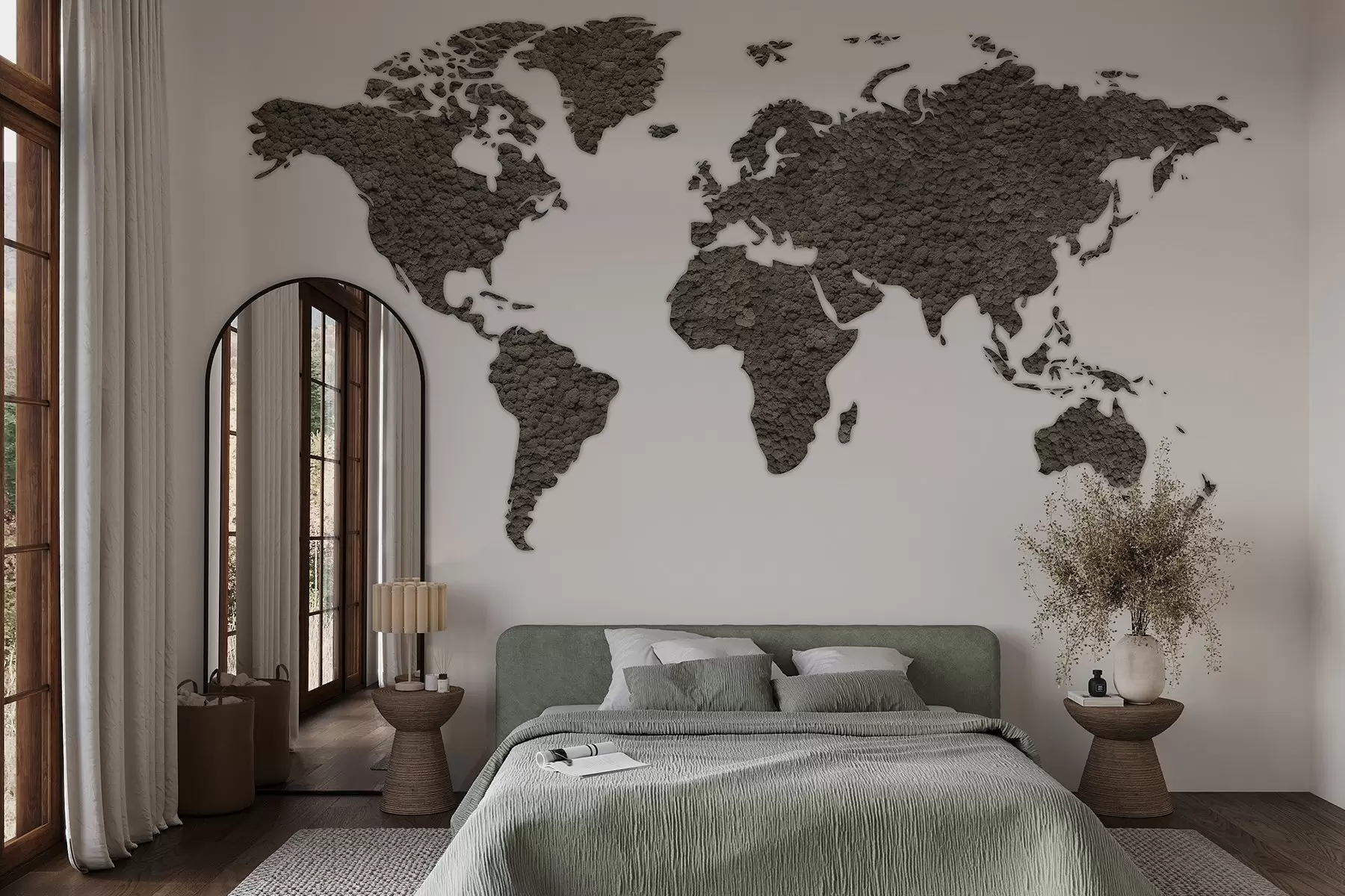 wall murals Мапа света са маховином, природом, палетом сиве боје w02657v6