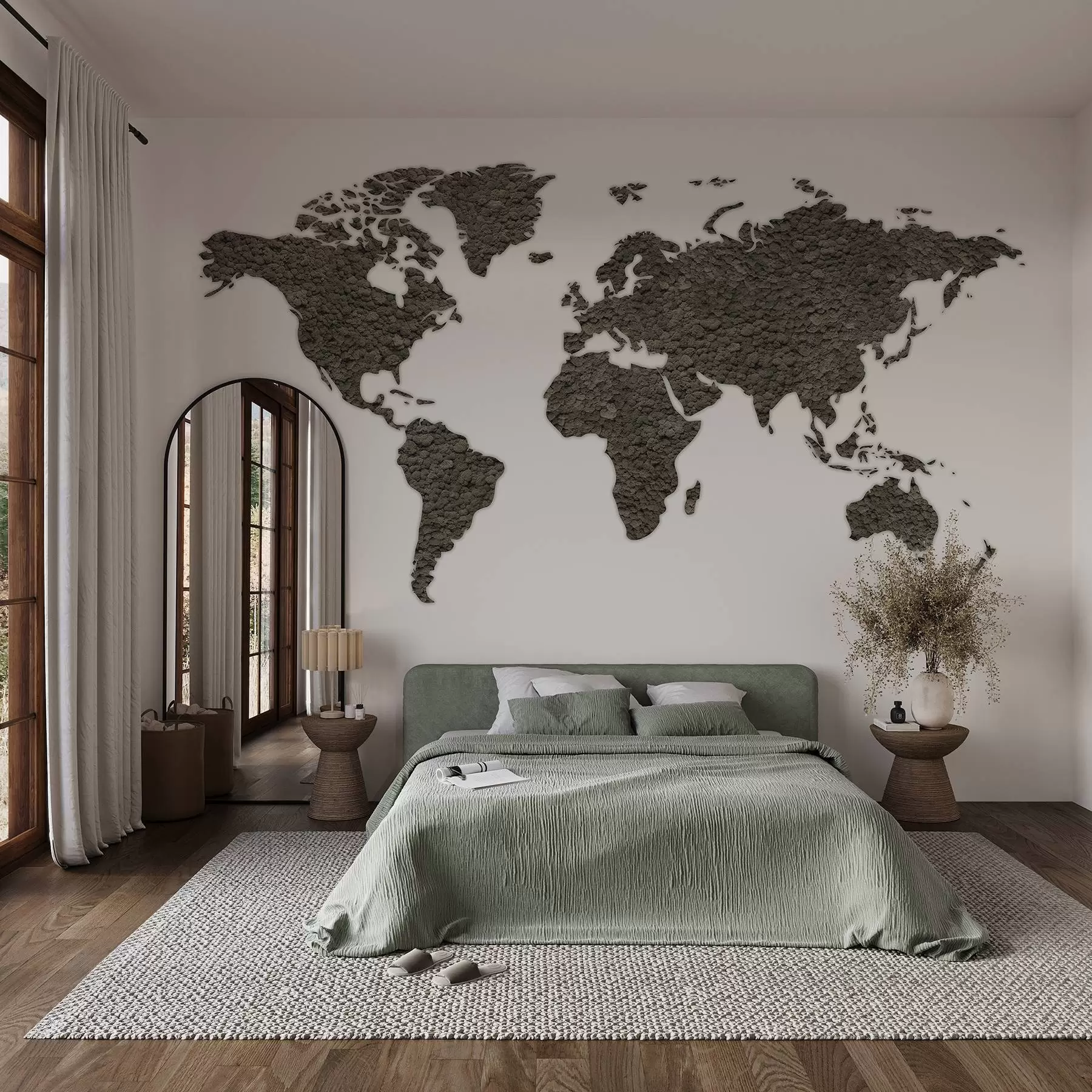 wall murals Мапа света са маховином, природом, палетом сиве боје w02657v6