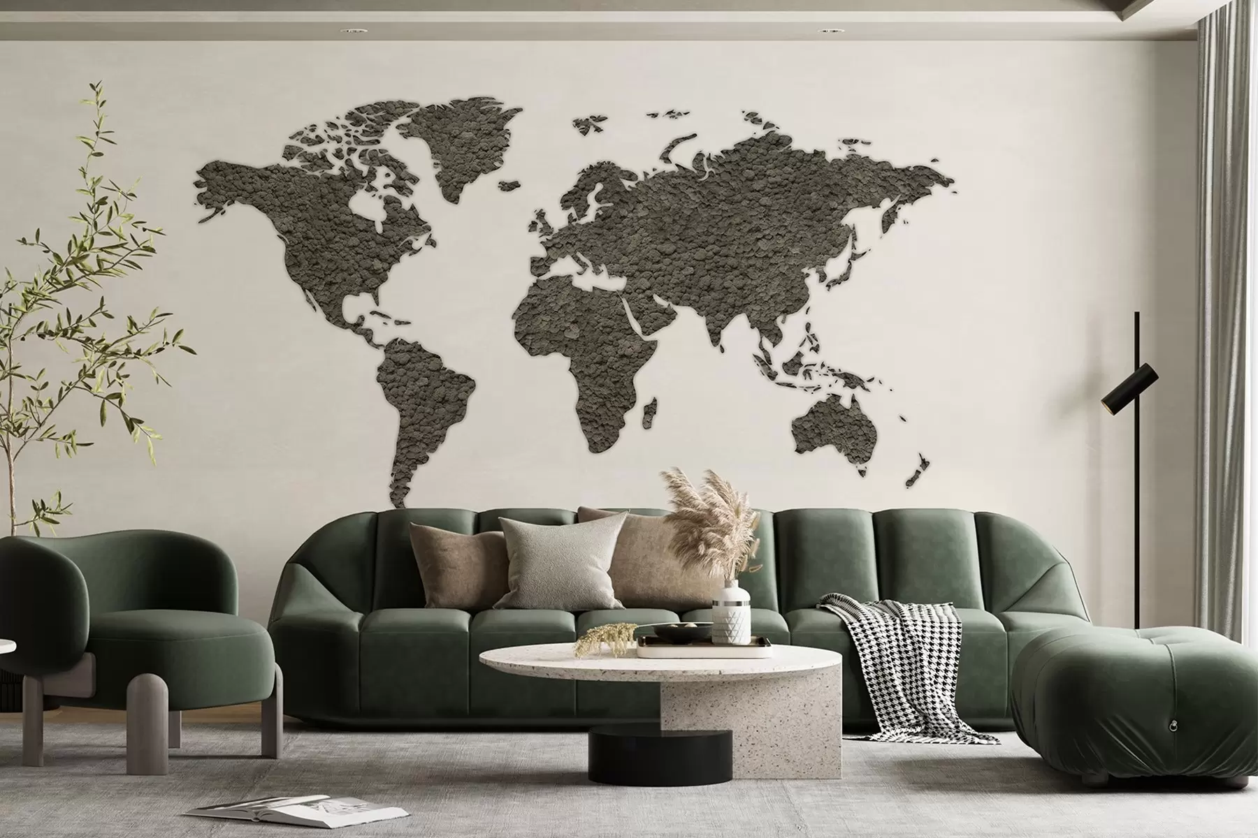 wall murals Мапа света са маховином, природом, палетом сиве боје w02657v6