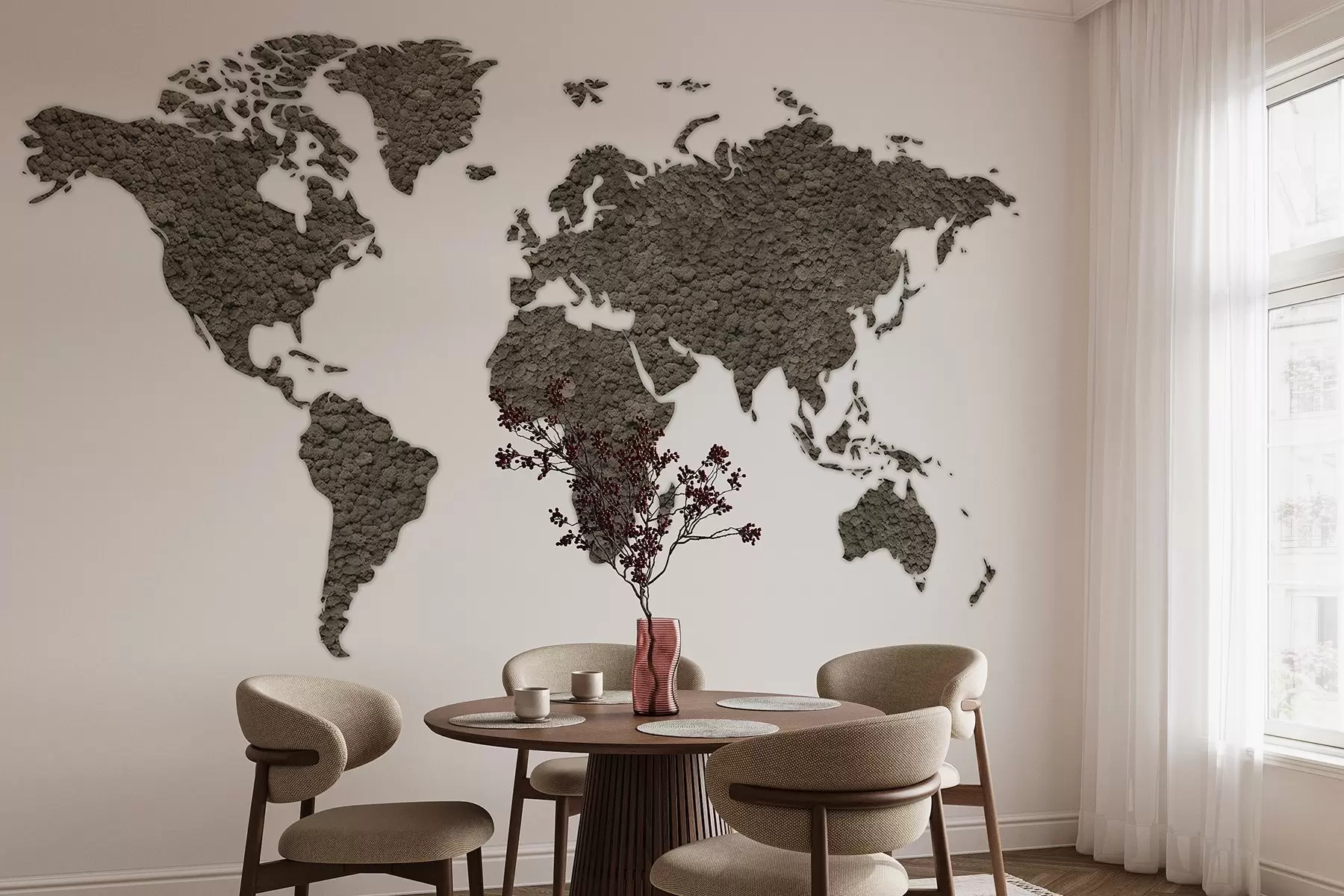 wall murals Мапа света са маховином, природом, палетом сиве боје w02657v6