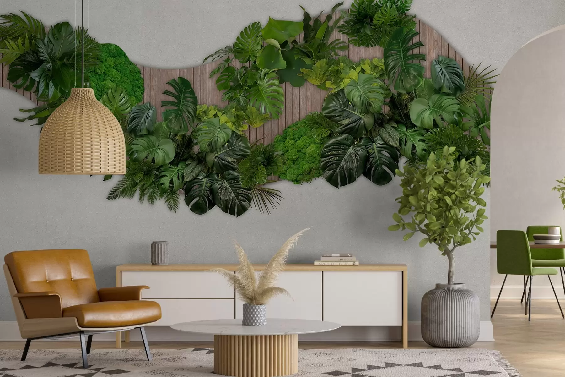 wall murals Цветни панел са палминим листовима, маховином и дрвеном позадином w02717