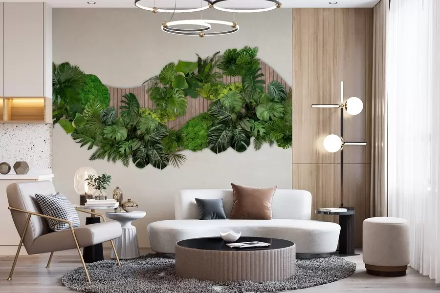 wall murals Цветни панел са палминим листовима, маховином и дрвеном позадином w02717