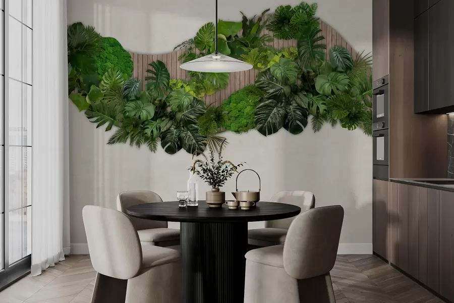 wall murals Цветни панел са палминим листовима, маховином и дрвеном позадином w02717