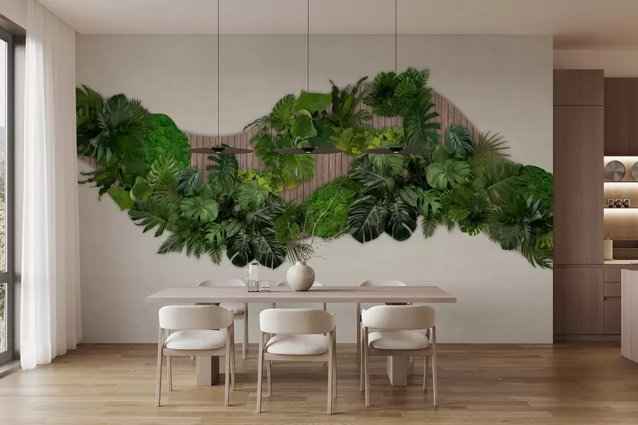 wall murals Цветни панел са палминим листовима, маховином и дрвеном позадином w02717