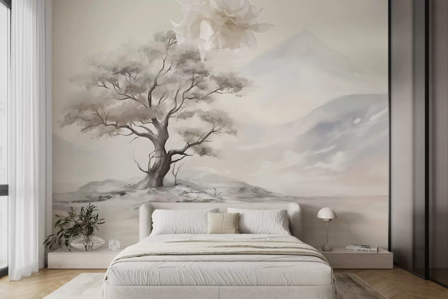 wall murals Минималистички цртеж усамљеног, искривљеног дрвета у пустом, стеновитом пејзажу са планинама у позадини w08604