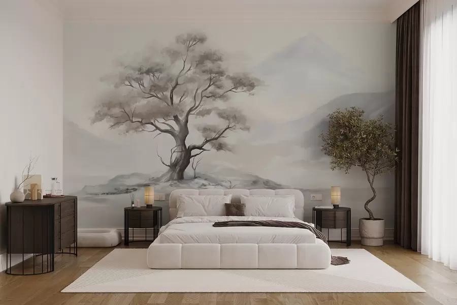 wall murals Минималистички цртеж усамљеног, искривљеног дрвета у пустом, стеновитом пејзажу са планинама у позадини w08604
