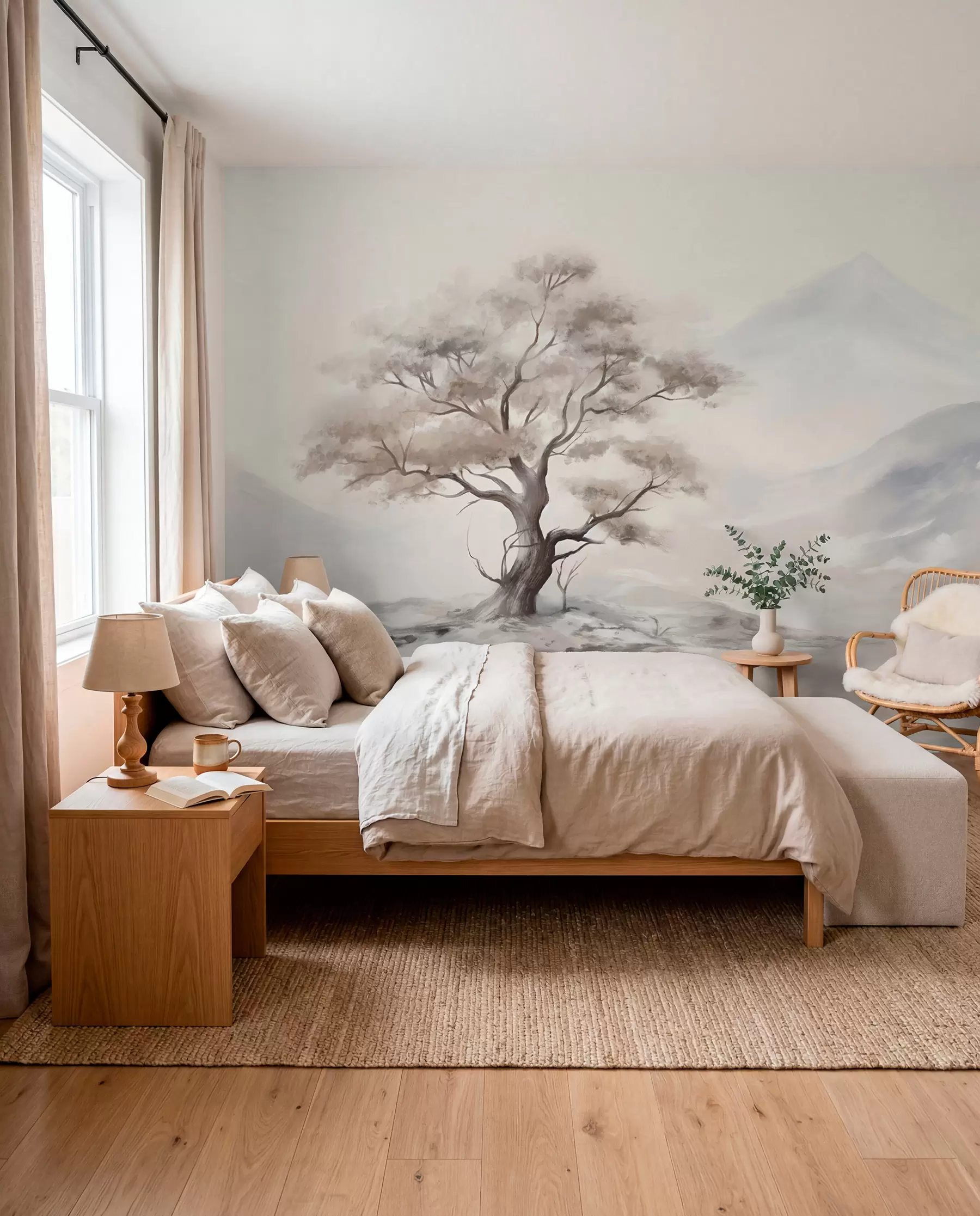 wall murals Минималистички цртеж усамљеног, искривљеног дрвета у пустом, стеновитом пејзажу са планинама у позадини w08604